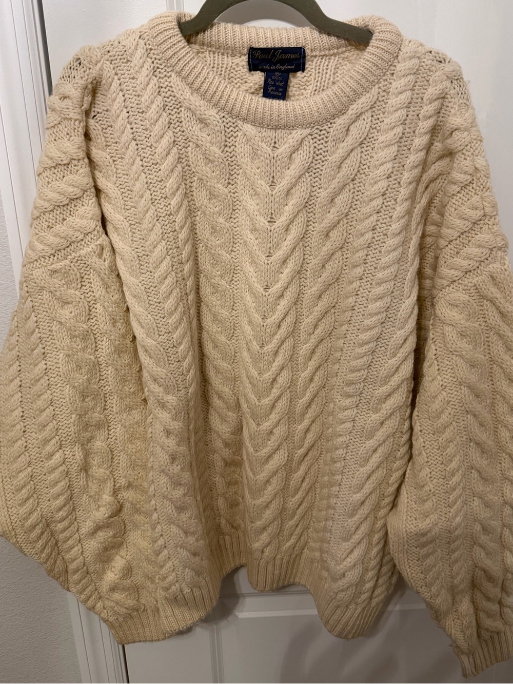 Paul James Made in England Cream Cable Knit Men's 100% Wool Sweater